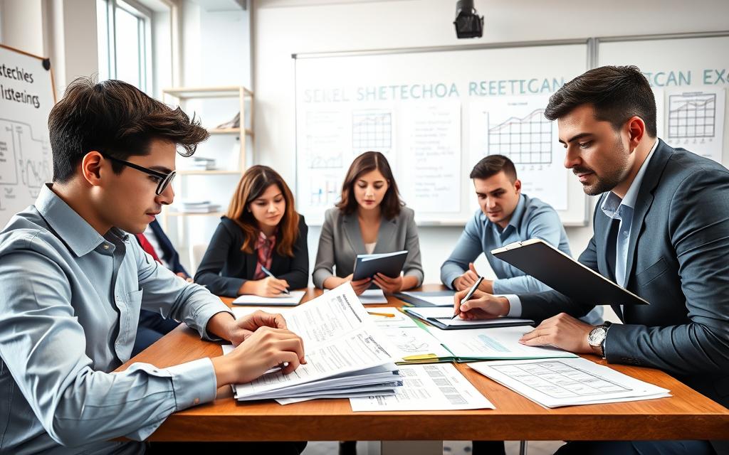 A diverse group of candidates, focused and serious, are seated at a large table covered with paperwork and exam materials, representing the selection process for technical courses. In the foreground, a young male candidate in a smart casual shirt is meticulously comparing a list of applicants. The middle ground shows a female candidate wearing business attire, jotting down notes with a pen, while a male examiner observes, taking notes on a clipboard. The background features a large whiteboard filled with graphs and selection criteria for visual context. The room is well-lit with natural daylight pouring in from a large window, creating an atmosphere of determination and professionalism. The angle captures the essence of collaboration and focus, emphasizing the importance of careful selection in an educational environment.