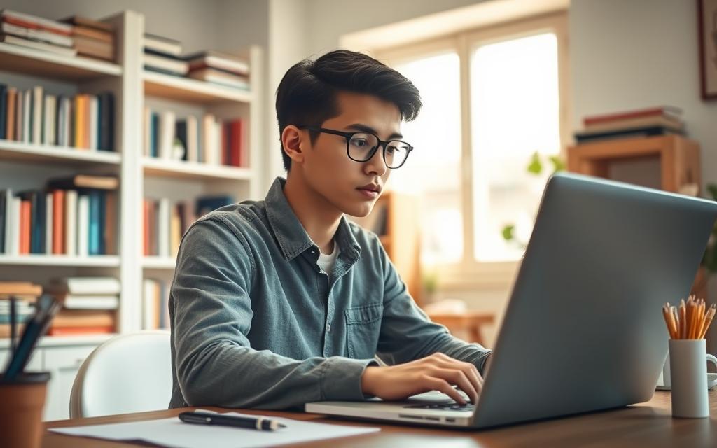 A focused student sitting at a desk in a cozy, well-lit home environment, accessing an online Learning Management System on a laptop. The foreground features the student, a young adult in casual, professional attire, attentively engaged with the screen. In the middle background, shelves filled with books and stationery create an organized study space. Through a window, soft natural light filters in, casting a warm glow across the room. The overall atmosphere is one of motivation and concentration, highlighting the importance of online learning. Use a shallow depth of field to emphasize the student while slightly blurring the background. The scene captures a peaceful and productive mood, symbolizing the accessibility of education through technology.
